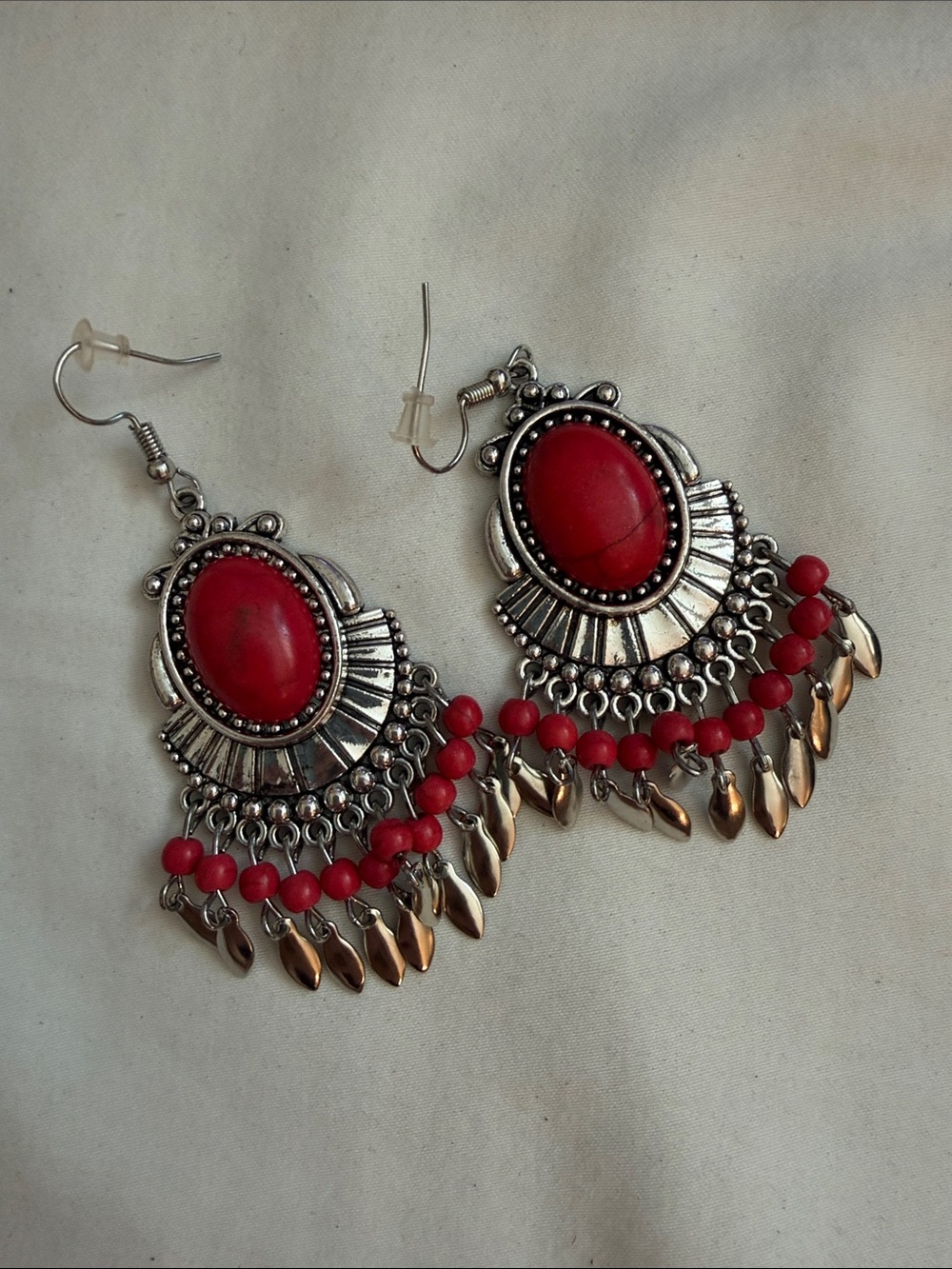 Red Boho Drop Earrings with Beaded Fringe - Women Jewelry